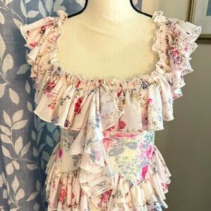 Anthropologie Floral Ruffle Blouse - Pink and Cream